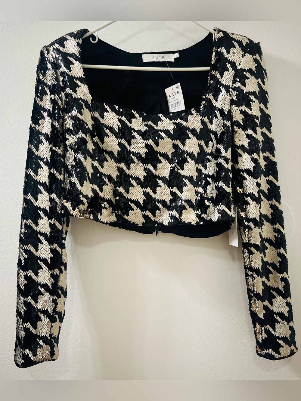Astr Sequin Houndstooth Crop Top in Black and Cream